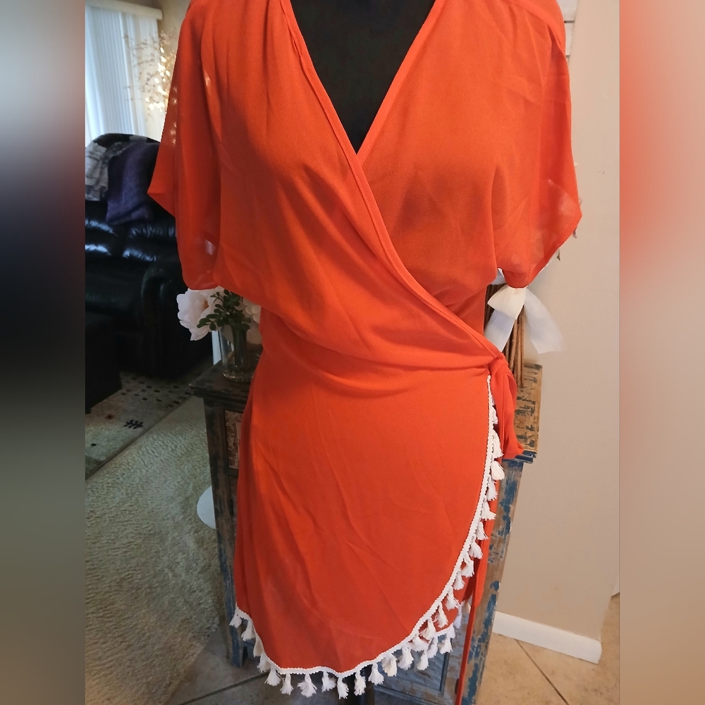 Boture XL (12) Orange Wrap Swim Cover-Up with Tassel Trim
